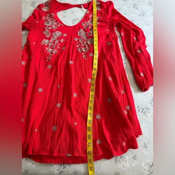 Free People red long sleeve open back floral embroidery mini dress size small. - Picture 11 of 15